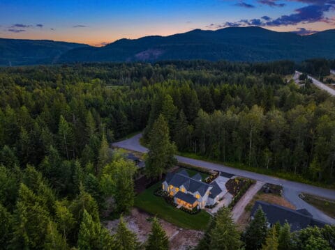 Beautiful PNW forest landscape scene at dusk with a gorgeous SANDA home surrounded by trees.